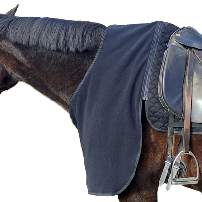 Detailaufnahme des schwarzen Fleece Brustteils für Reitdecke – atmungsaktives, waermendes Material und hochwertiger Schutz für Pferde